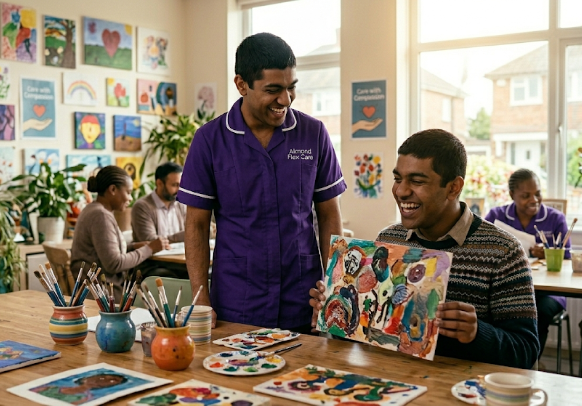 A South Asian Almond Flex Care support worker celebrating a client's achievement at a community art class in Durham — representing the community inclusion and independence that supported living provides